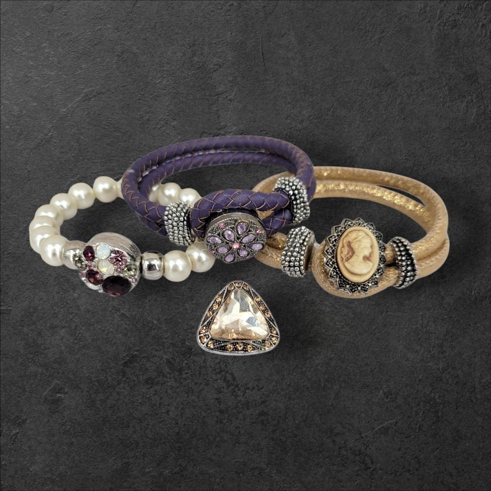 Ginger Snap Interchangeable Bracelets Charm Buttons Cameo Leather Faux Pearls